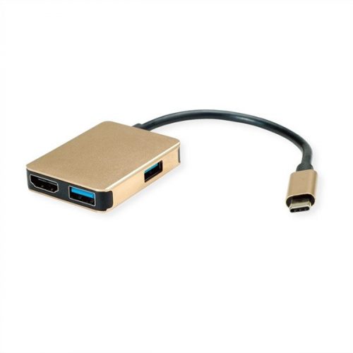 ROLINE Dokkoló Type-C - 4K HDMI, 2x USB 3.2 Gen 2, 1x Type-C power delivery, GOLD, négyzet