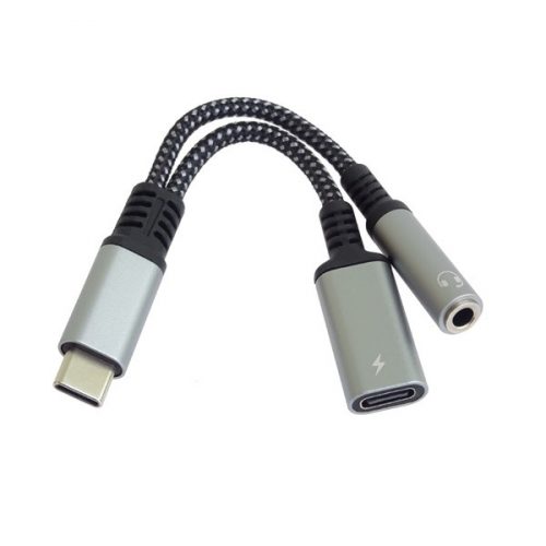 PREMIUMCORD Adapter, USB-C/3,5mm Jack DAC chippel + USB-C töltéshez, M/F/F, szürke