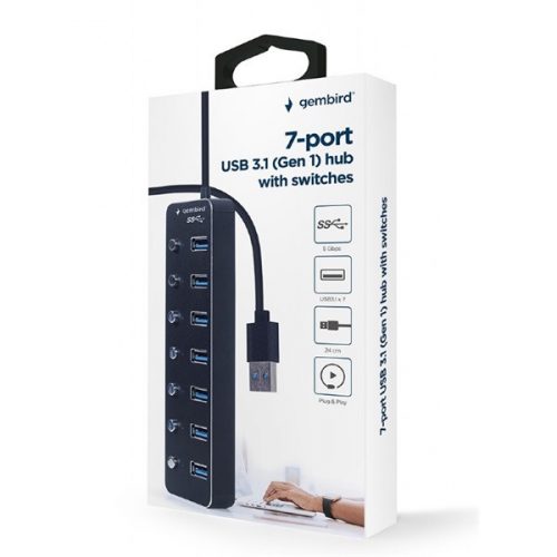 GEMBIRD USB 3.1 HUB Switchelhető 7 portos, fekete