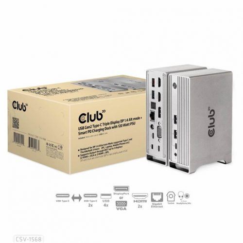 Club3D USB Gen2 Type-C Triple Display DP 1.4 Alt mode + Smart PD Töltődokkoló - 120 Watt PSU